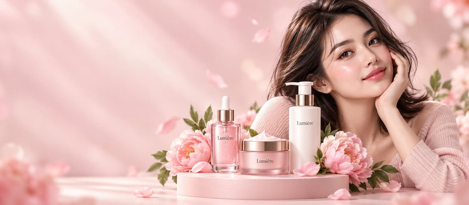 Một phụ nữ mỉm cười tựa cằm bên chai serum, hũ kem và chai làm sạch trên bục hồng giữa những bông mẫu đơn